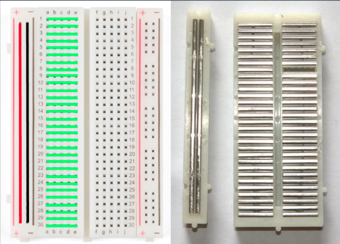 The front and back of a breadboard showing how the pins are interconnected