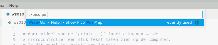 VSCode command-pallette to show pin map